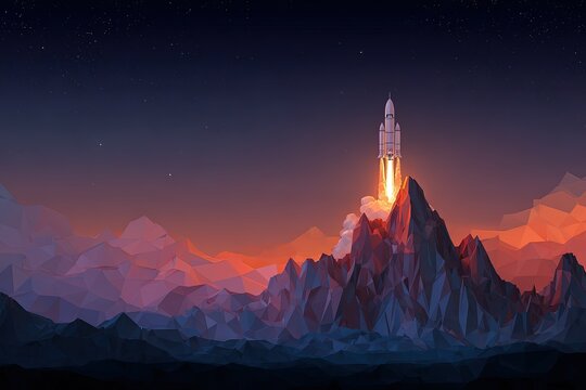 Pixelated Rocket Launch Over Mountain Sunset - Powered by Adobe