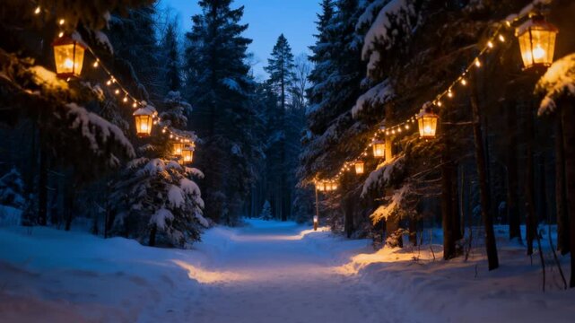 snowy path through forest glowing with holiday lanterns, twilight atmosphere cinematic, perfect for christmas