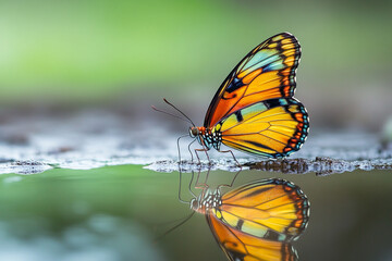 Obraz premium butterfly landing on puddle, its colorful wings reflected perfectly