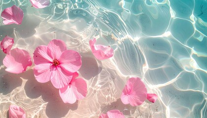 Pink flower petals gently floating on crystal clear turquoise water with sunlight creating rippling patterns and shimmering reflections on a sandy bottom
