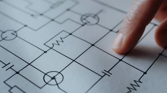 Finger pointing mechanical electrical circuit diagram consulting for technical project planning and design with detailed mechanical consulting