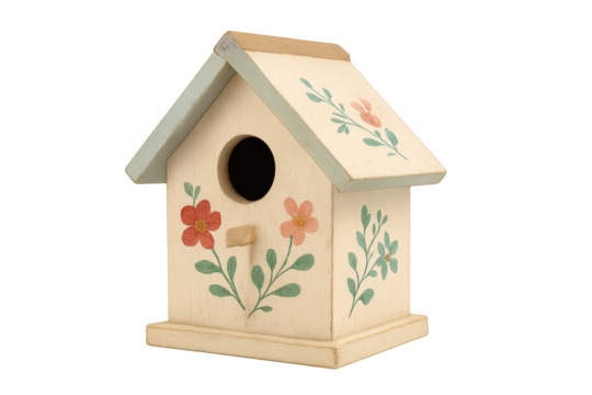 Wooden birdhouse with floral design and transparent background