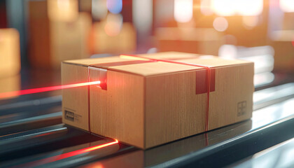 Automated Package Inspection: A cardboard box rolls along a conveyor belt, undergoing automated laser scanning.