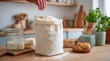 Medium shot showing a reusable biobased flour packaging being used repeatedly in a kitchen setting emphasizing sustainability and waste reduction.