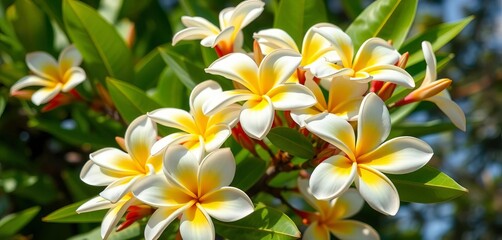 Obraz premium Close-up of vibrant white and yellow plumeria blossoms on a lush green tree, ample copy space, tree, petals