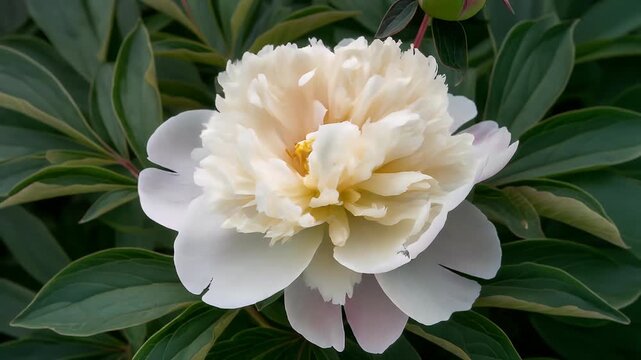 Delicate pink peony bud blooming gracefully in lush greenery, spring awakening