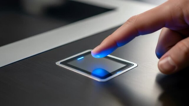 Man finger pressing glowing square button on dark surface, modern access control and personal data security protection.