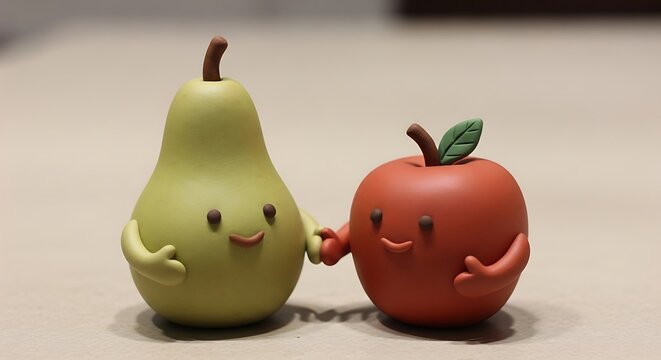 Cute pear and apple figurines holding hands, friendship concept. - Powered by Adobe