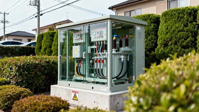 Medium shot of a compact transformer station showing detailed electrical components surrounded by greenery highlighting its role in residential voltage conversion.