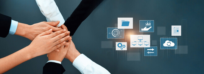 A powerful visual representation of teamwork and collaboration, showcasing hands of diverse professionals united, with digital elements symbolizing business strategies and growth. Trope