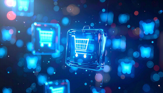 Digital shopping cart concept: Visualizing a futuristic world of online shopping, where digital shopping carts float in a sea of data.