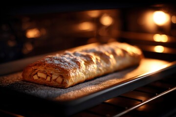 A golden brown pastry roll with powdered sugar sits baking in a dark oven on a tray, filling the