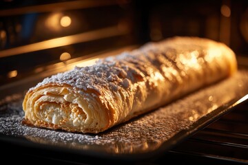 Golden puff pastry strudel, dusted with confectioners' sugar, bakes to perfection in a warm oven.