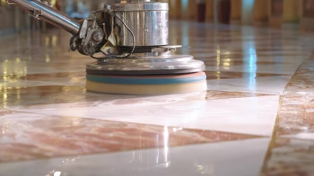 Medium shot capturing the swirling motion of a floor polisher buffing a tile floor emphasizing the even distribution of wax for a sleek look.