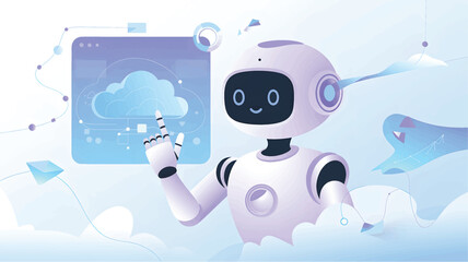 Friendly robot pointing at cloud data on screen artificial intelligence