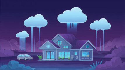 Futuristic house with glowing clouds at night home