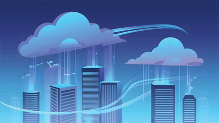 Blue abstract cityscape with clouds and light streaks © srdesignhouse