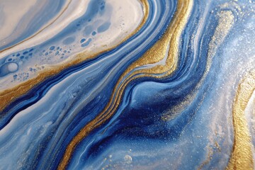 Abstract fluid art in shades of blue, white, and gold creates a textured, swirling pattern,