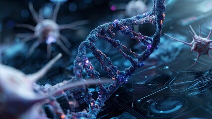 Futuristic DNA double helix structure with glowing cells and digital data visualization for biotechnology and medical research - Powered by Adobe