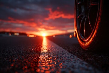 Dramatic close-up of a car tire with a vibrant sunset reflecting on wet pavement, creating a moody