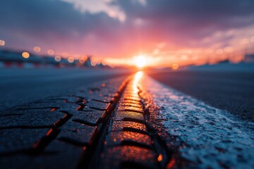 Close-up of a textured dark surface reflecting a vivid sunset, creating a dramatic and atmospheric