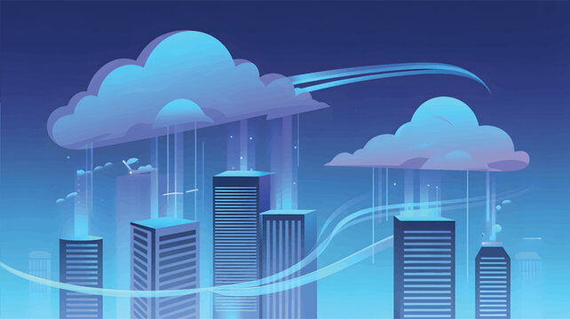 Blue abstract cityscape with clouds and light streaks