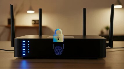 Router with a padlock and fingerprint icon showing digital security evolution from blue to rainbow for protected personal data. - Powered by Adobe