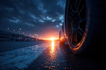 Sleek automobile tire on wet asphalt at twilight reflects the fiery sunset with artistic and