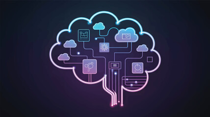 Digital brain with connected cloud icons and data symbols