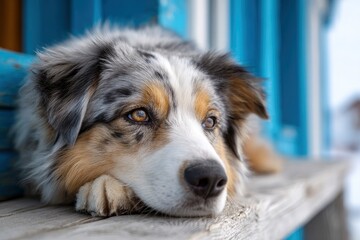 A beautiful merle-coated dog rests its head on a weathered wooden surface, gazing wistfully forward