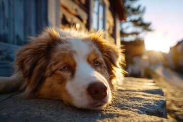 A tired dog rests on a stone porch as the sun sets, creating a warm and peaceful scene with soft,