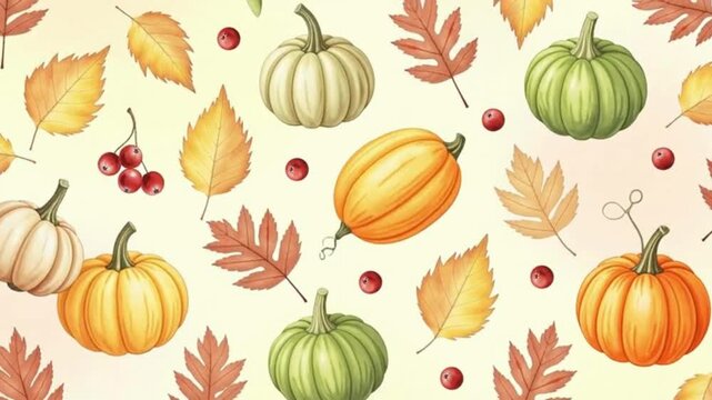 Animated fall harvest pumpkins and leaves with seasonal colors create a cozy autumn vibe, perfect for Thanksgiving and Halloween backgrounds