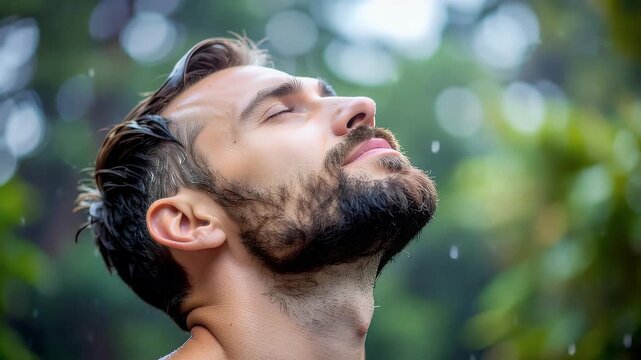 Man with eyes closed, face tilted upwards, experiencing rainfall. Serene moment of nature connection and refreshing sensation, finding peace outdoors.