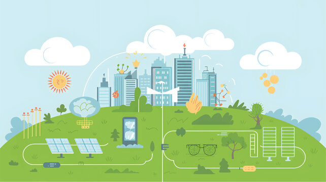 Green energy city concept with solar panels and buildings