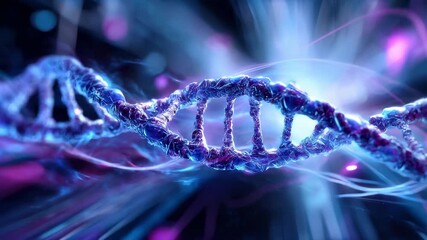 Abstract DNA double helix structure with glowing particles and data streams, scientific genetic research and biotechnology concept - Powered by Adobe