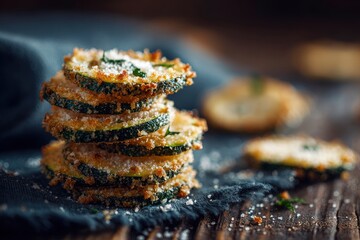 Stacked, fried zucchini slices dusted with cheese create an inviting, rustic culinary presentation.