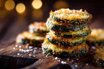 Close-up view of a stack of golden, crispy, breaded and fried zucchini slices, presented on a