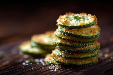 A stack of crispy zucchini fritters are beautifully arranged on rustic wooden surface, offering a