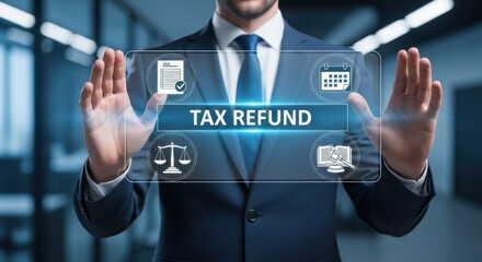 Tax Refund Financial Service: Businessman Interacting with Holographic Screen Displaying Refund Text and Accounting Icons for Legal Filing and Money Return