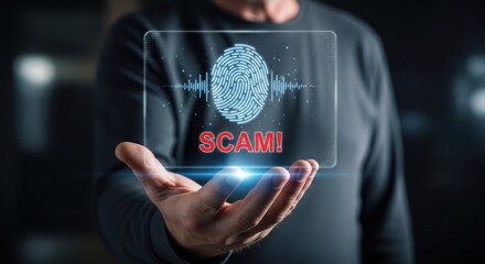 Cyber Biometric Scam Alert: Hand Presenting Holographic Fingerprint Scan Above Red SCAM Text for Identity Fraud Warning and Digital Protection