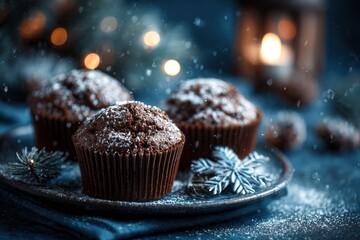 Festive dark chocolate muffins sprinkled with powdered sugar evokes a cozy winter holiday mood,