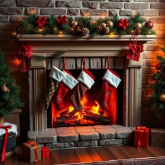Cozy fireplace scene with stockings hung by the chimney, ready for holiday cheer,  warm,  festive