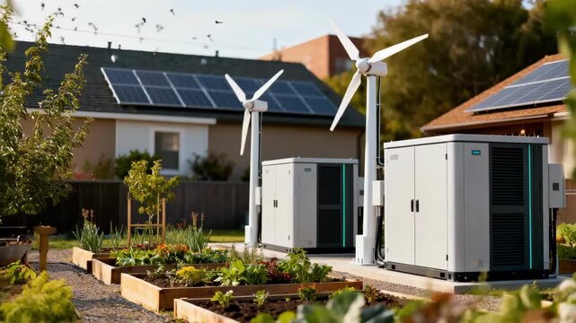 Medium shot capturing a sustainable community microgrid integrating wind turbines and battery storage highlighting ecofriendly energy solutions in urban neighborhoods.