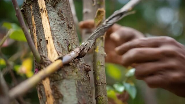 Shot of detailed hand movements using manual tools to shape a tree emphasizing traditional pruning methods for sustainable care.