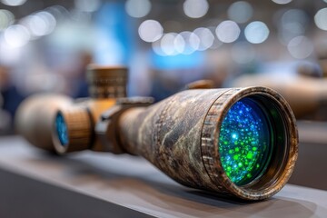 Camouflaged optical instrument features brilliant blue and green lens with bokeh background,