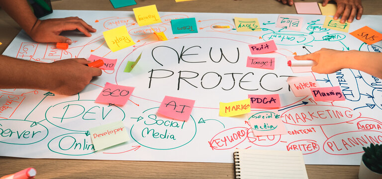 A dynamic brainstorming session showcases a diverse team working on a project map with colorful sticky notes, reflecting creativity and collaboration for innovative ideas. SACTR