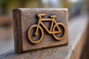 Hand-carved wooden sign features a simple bicycle icon, resting on a textured wooden surface with