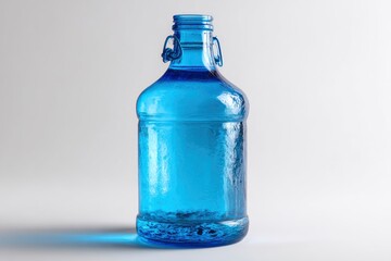 Brilliant blue glass bottle with a swing top closure sits on a stark white surface casting shadows.