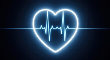 Digital Heart Rate Monitor: Glowing Blue Heart Icon with EKG Pulse Line for Health Technology, Cardiac Care, and Medical Diagnostics