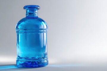 Elegant translucent blue glass bottle stands bathed in soft light, casting subtle shadows against a